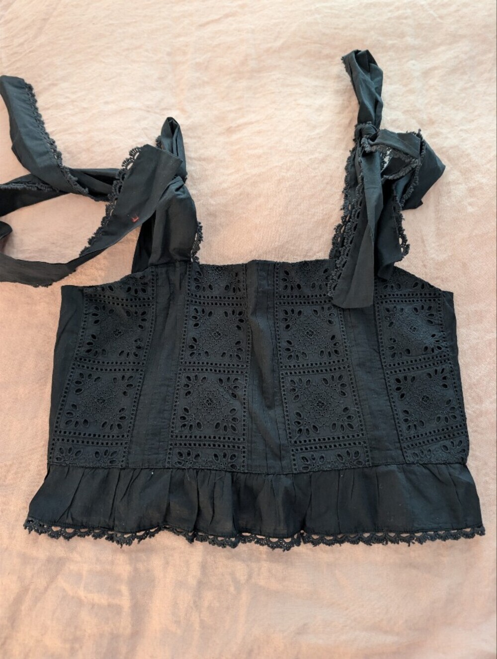FARM Rio Black Eyelet Lace Tie Strap Crop Top Small NWOT